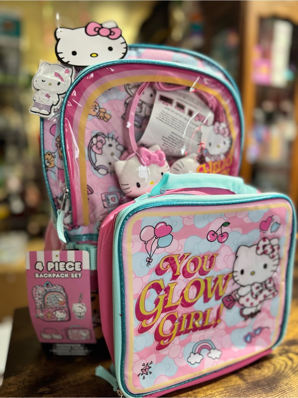 Hello Kitty Pink & Teal 4-Piece Backpack Set - 'You Glow Girl'